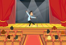 A cartoon image of a comedian on stage at a London comedy club