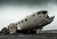The wreckage of a crashed plane